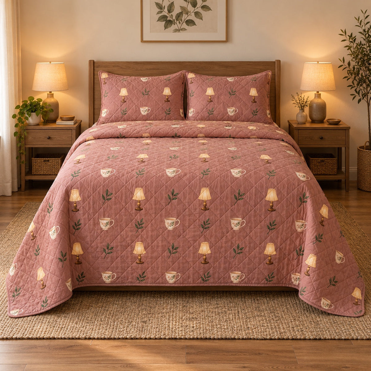 Tea and Lamp Homebody Quilt Set, front introvert homebodies bedroom view