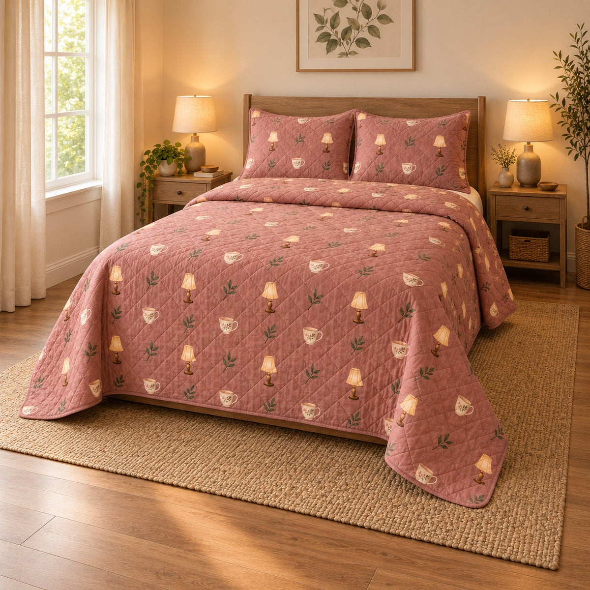 Tea and Lamp Homebody Quilt Set, angled introvert homebodies bedroom view