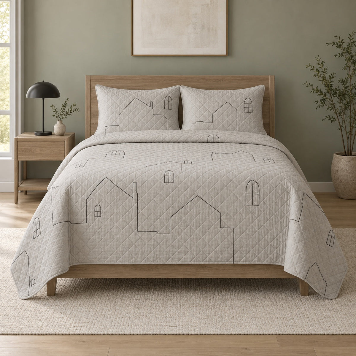 Minimal House Line Homebody Quilt Set, front introvert homebodies bedroom view