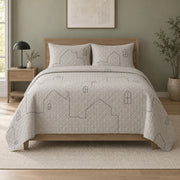 Minimal House Line Homebody Quilt Set, front introvert homebodies bedroom view