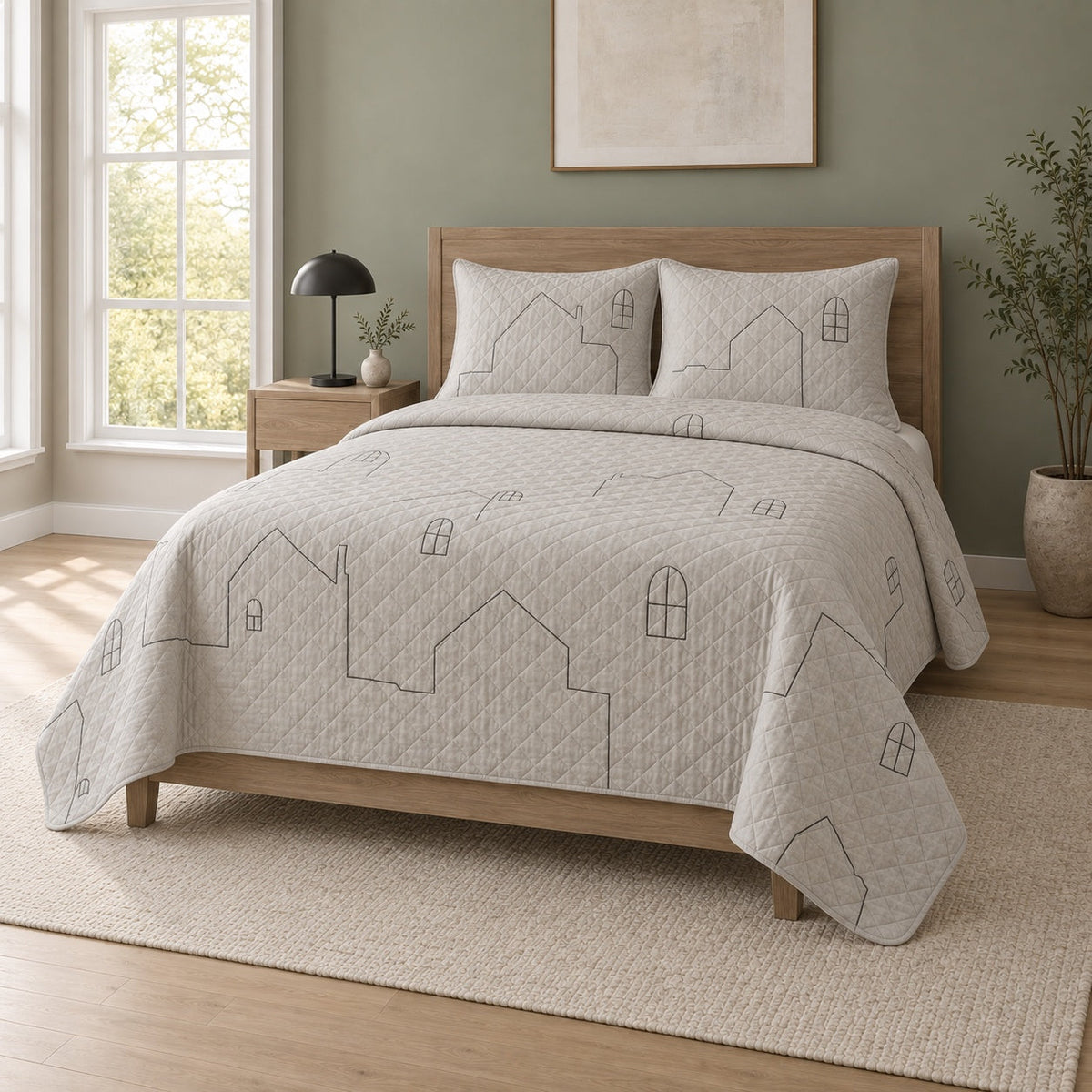 Minimal House Line Homebody Quilt Set, angled introvert homebodies bedroom view