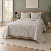 Minimal House Line Homebody Quilt Set, angled introvert homebodies bedroom view