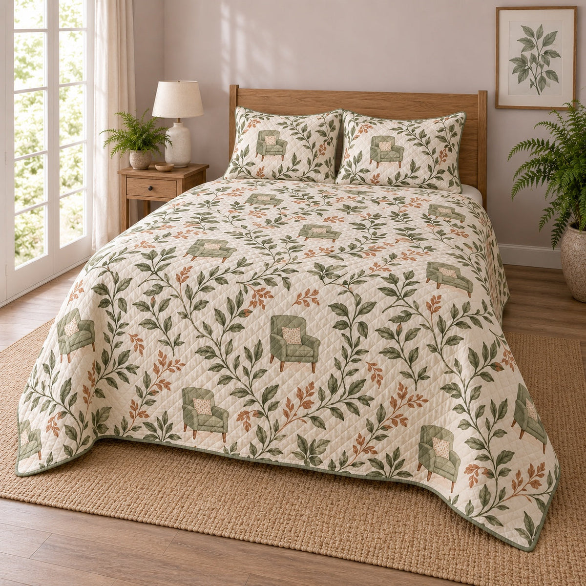 Cozy Chair Botanicals Homebody Quilt Set, angled introvert homebodies bedroom view
