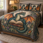 Fantasy Dragon Reading Books Quilt Set: angled bedroom view showing the quilt artwork and coordinating shams