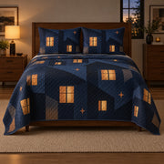 Evening Window Glow Homebody Quilt Set, front introvert homebodies bedroom view