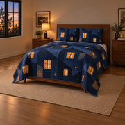 Evening Window Glow Homebody Quilt Set, angled introvert homebodies bedroom view