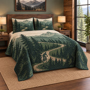 Pine Switchback Mountain Biking Quilt Set, angled mountain biking bedroom view
