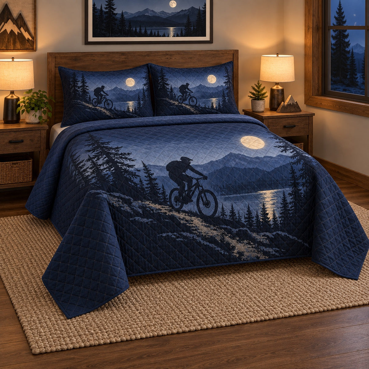 Night Ride Mountain Biking Quilt Set, angled mountain biking bedroom view