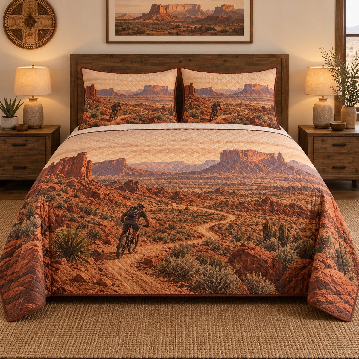 Desert Singletrack Mountain Biking Quilt Set, front mountain biking bedroom view