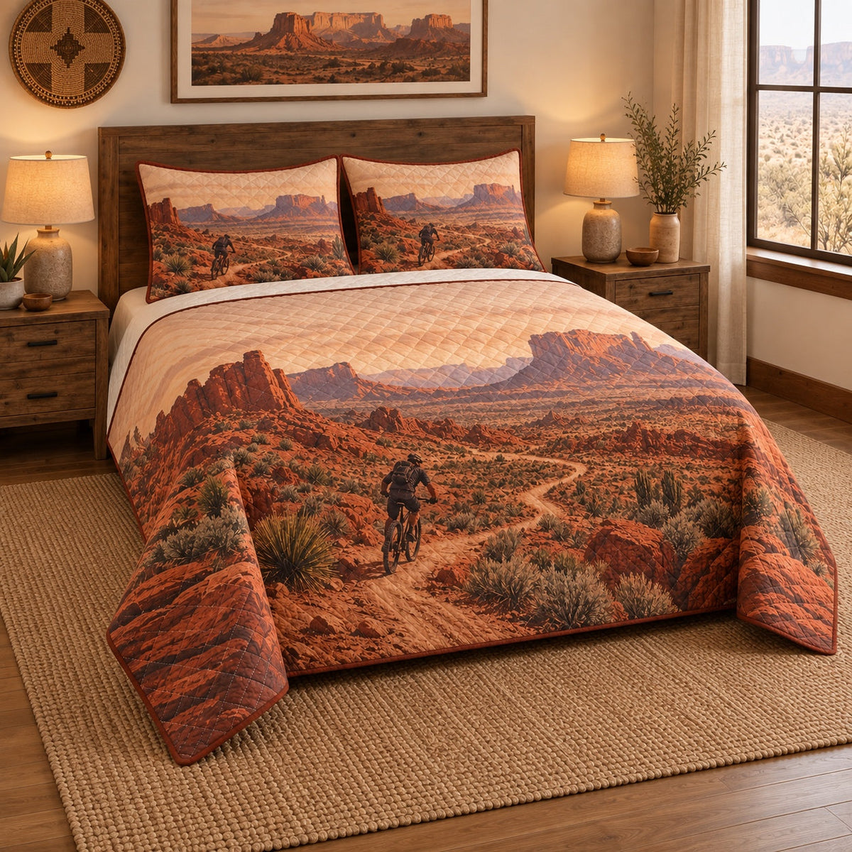Desert Singletrack Mountain Biking Quilt Set, angled mountain biking bedroom view