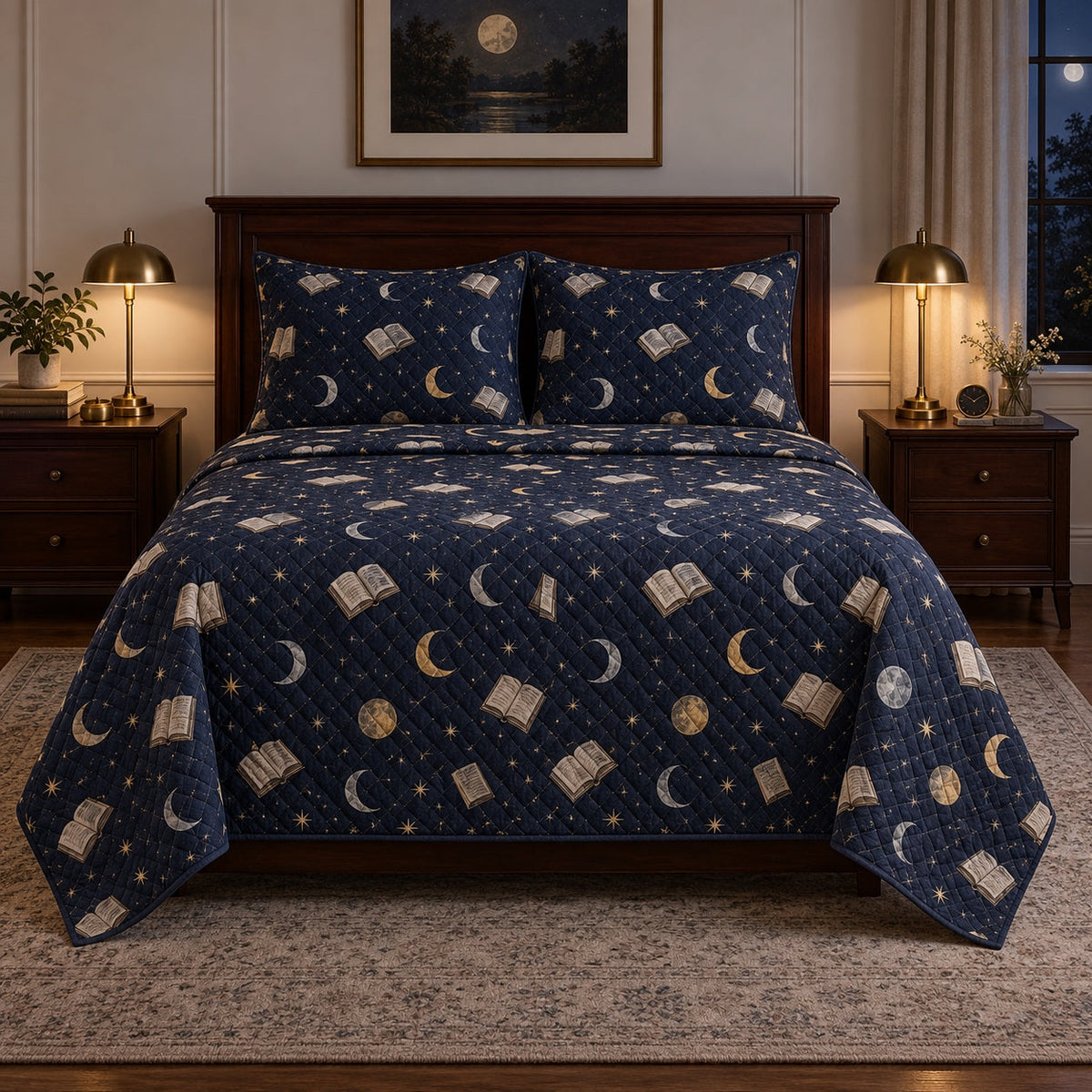 Moonlit Reading Homebody Quilt Set, front introvert homebodies bedroom view