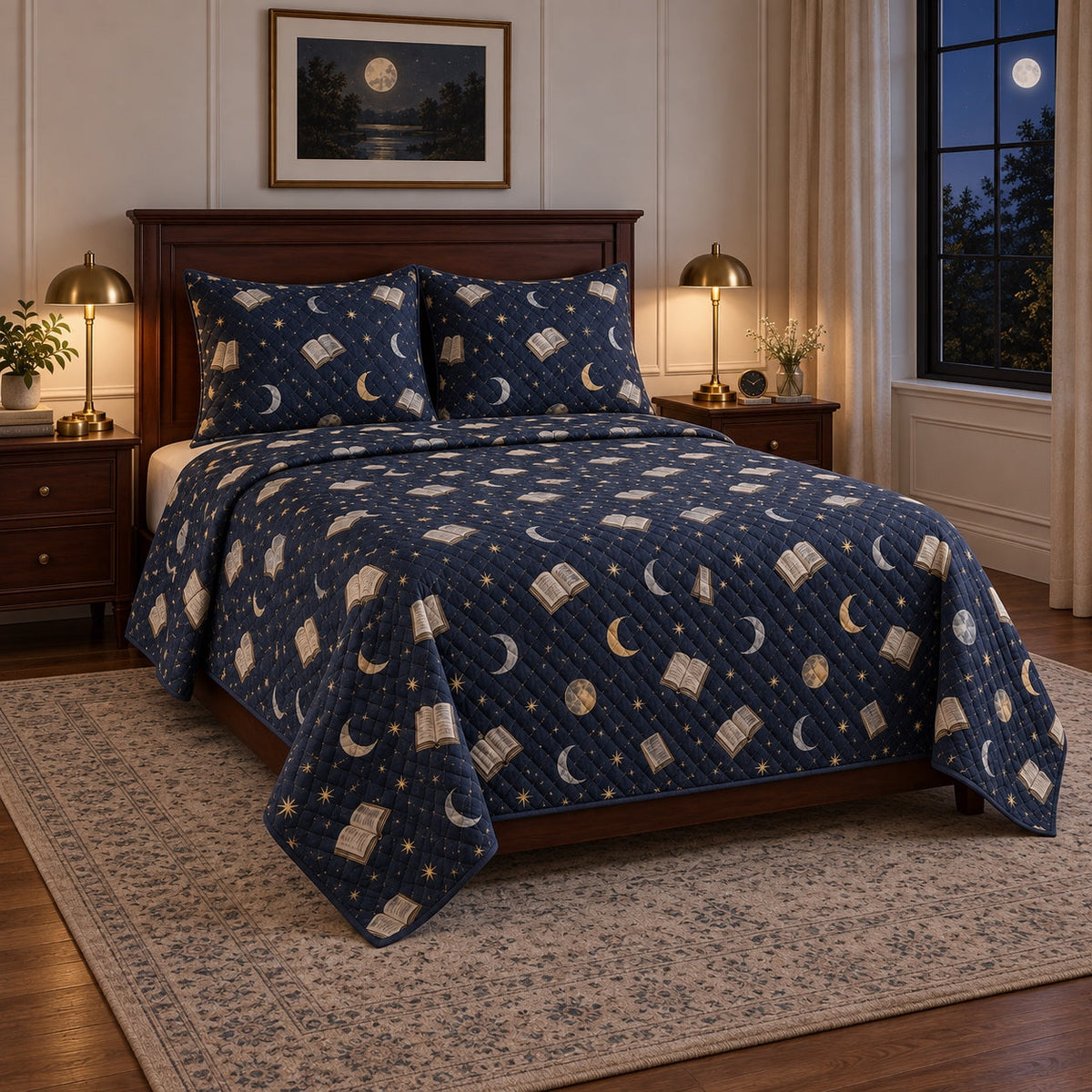 Moonlit Reading Homebody Quilt Set, angled introvert homebodies bedroom view