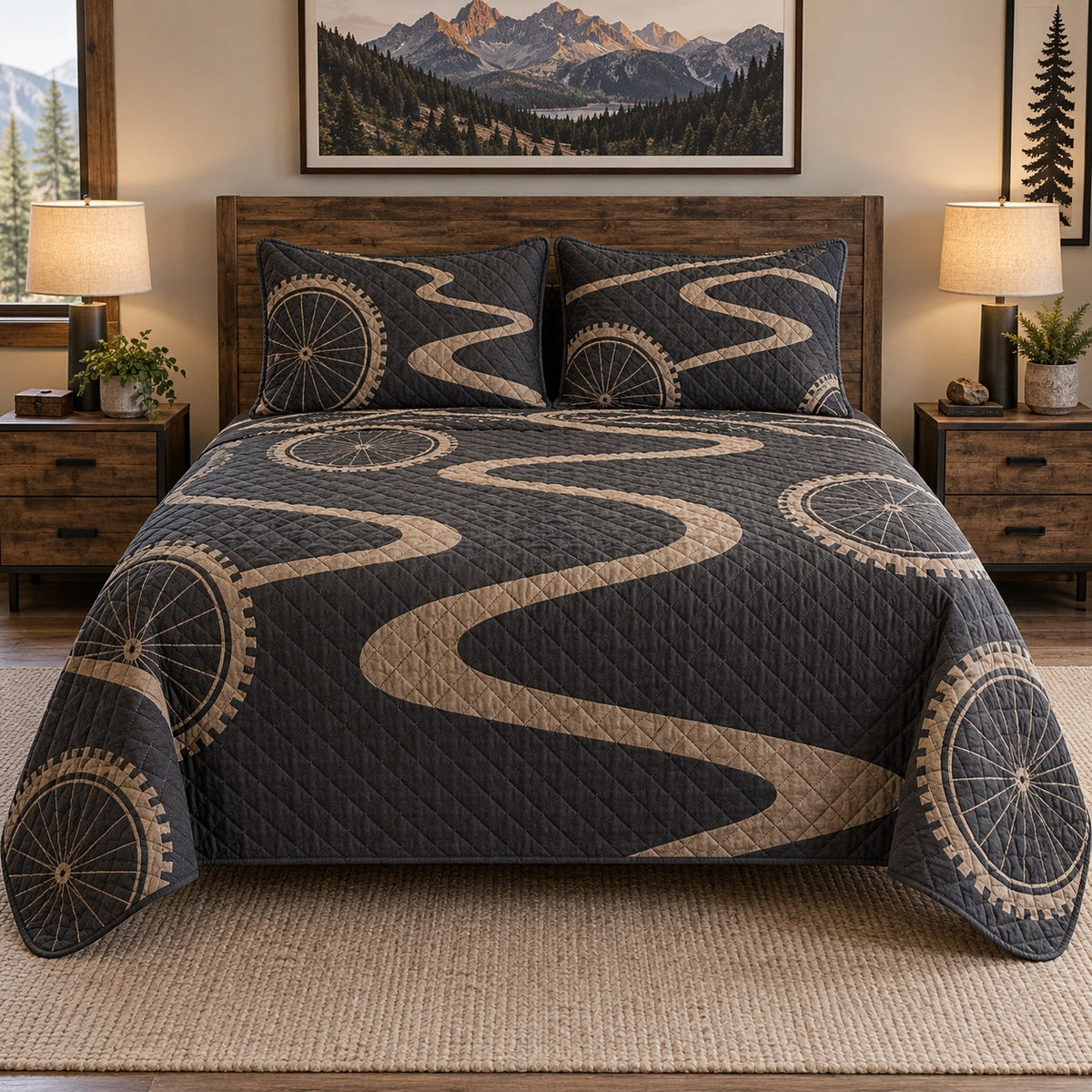 Trail Geometry Mountain Biking Quilt Set, front mountain biking bedroom view