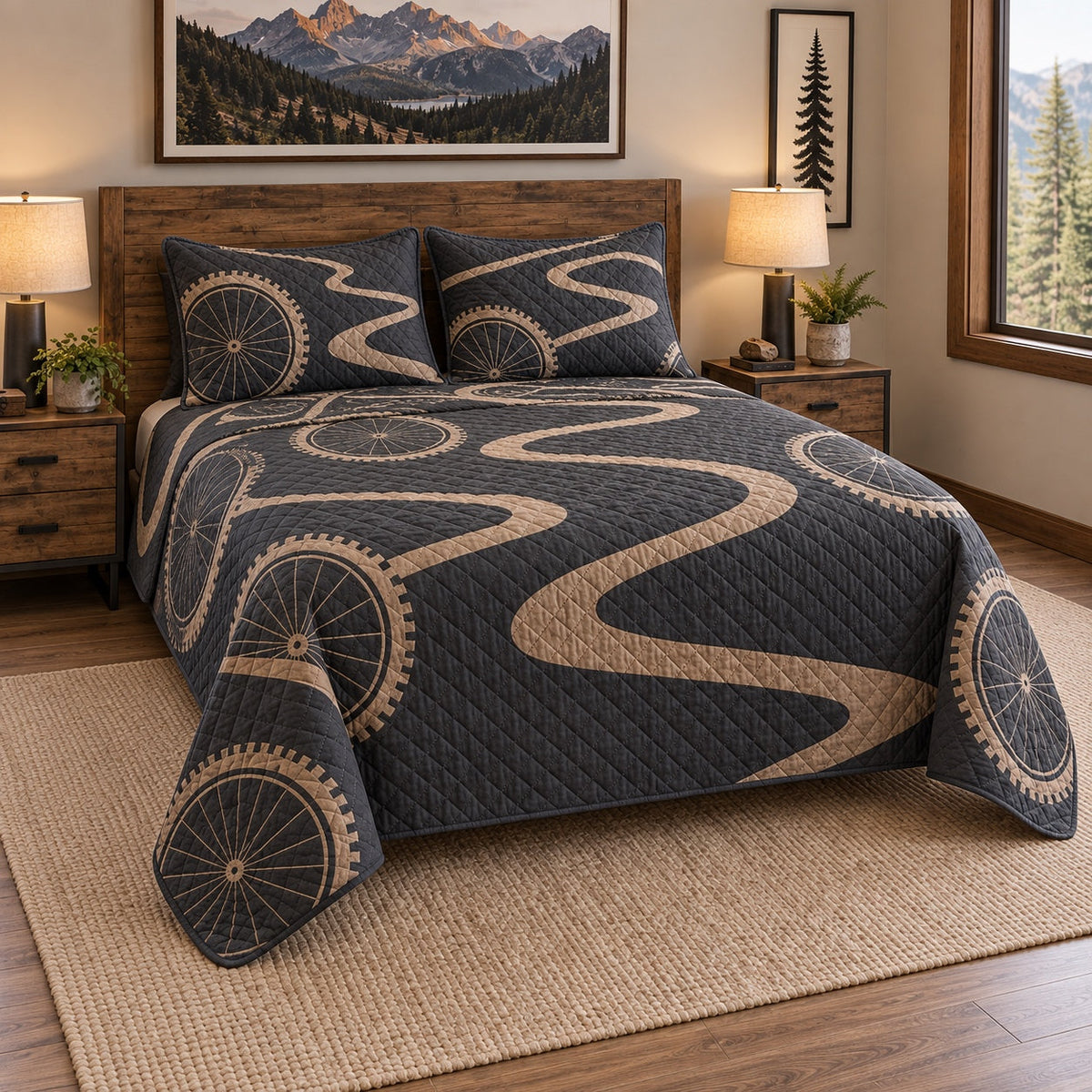 Trail Geometry Mountain Biking Quilt Set, angled mountain biking bedroom view