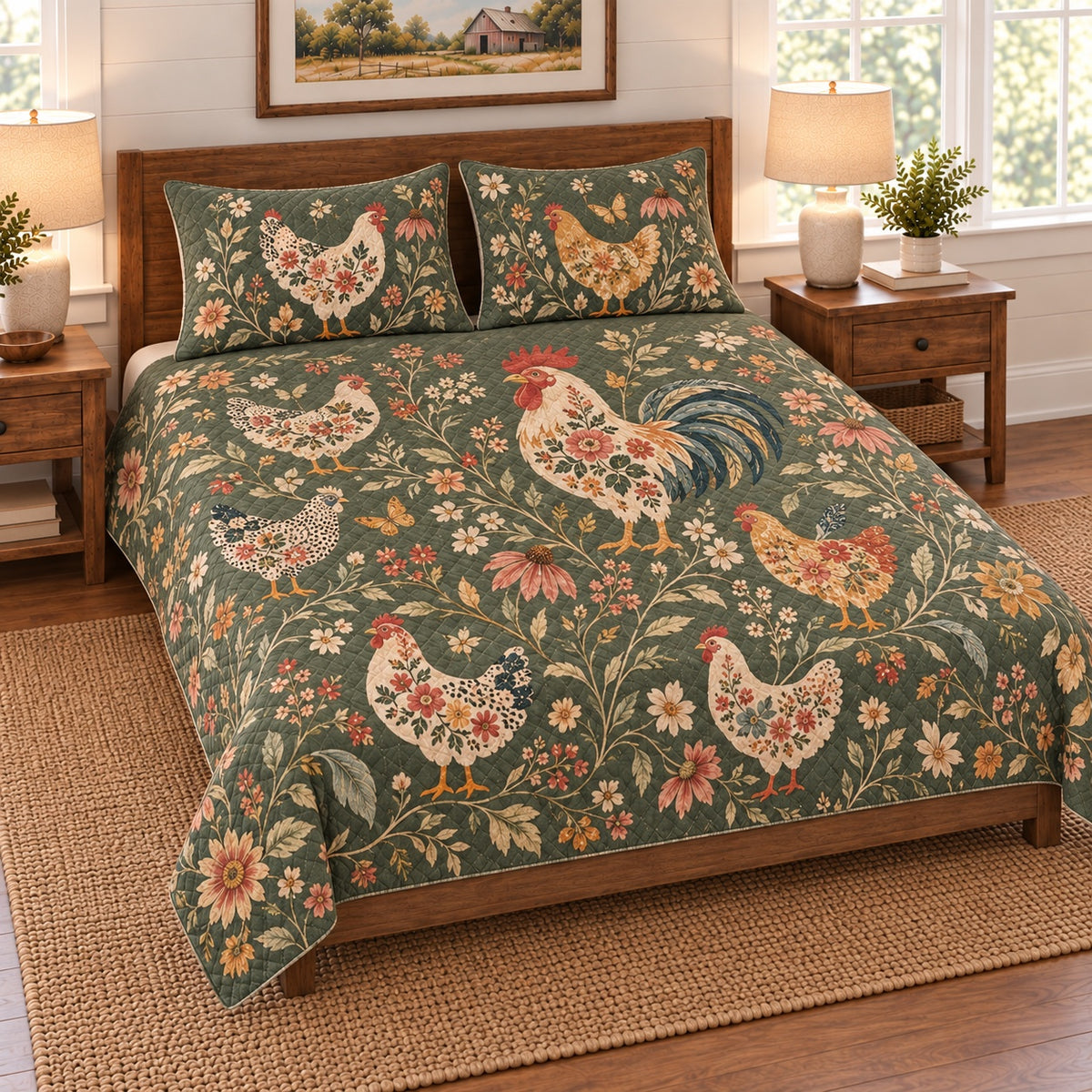 Floral Silhouette Hen Garden Quilt Set, angled Hen bedroom view
