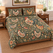 Floral Silhouette Hen Garden Quilt Set, angled Hen bedroom view