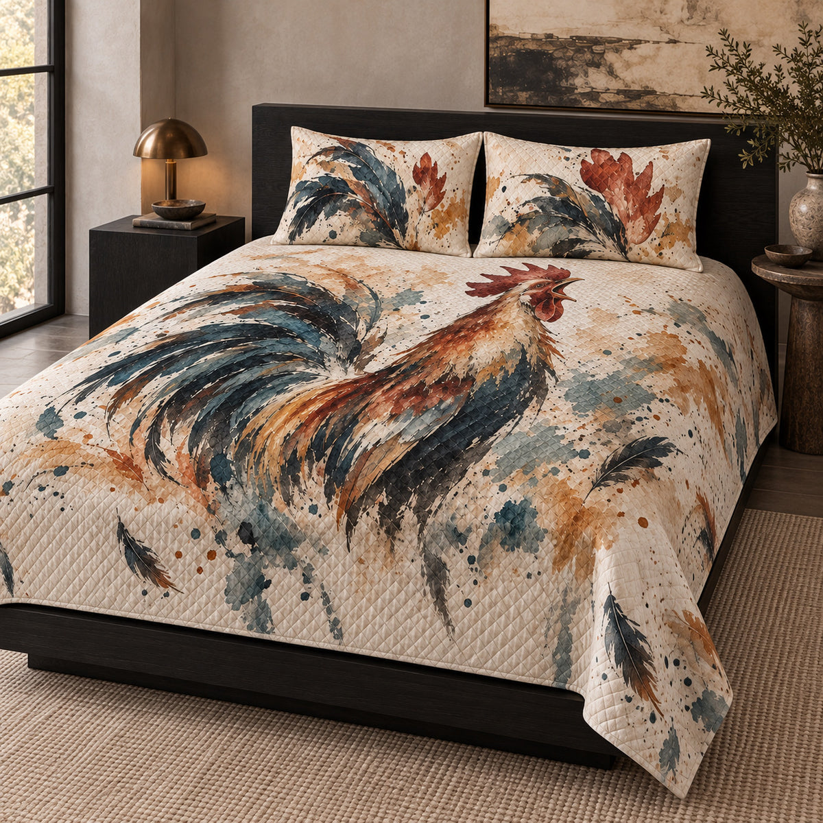 Charcoal Watercolor Rooster Quilt Set, angled rooster bedroom view