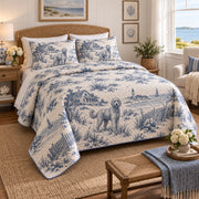 Coastal Cottage Toile Goldendoodle Country Toile Quilt Set, angled goldendoodle country toile bedroom view