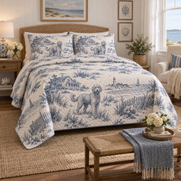 Coastal Cottage Toile Goldendoodle Country Toile Quilt Set
