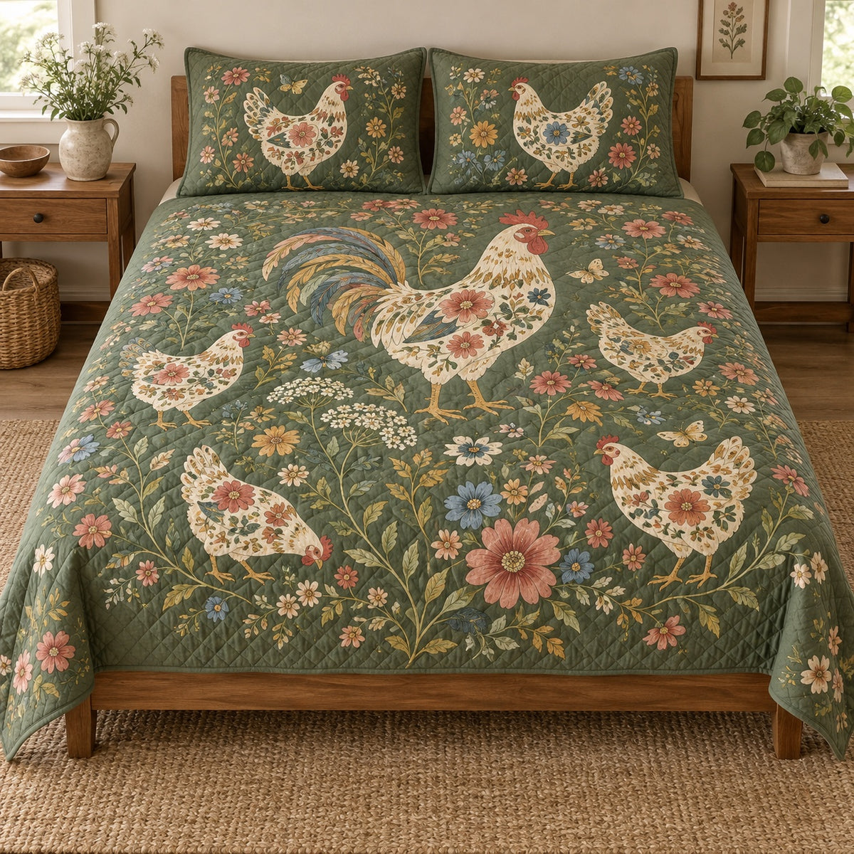 Floral Silhouette Hen Garden Quilt Set, front Hen bedroom view
