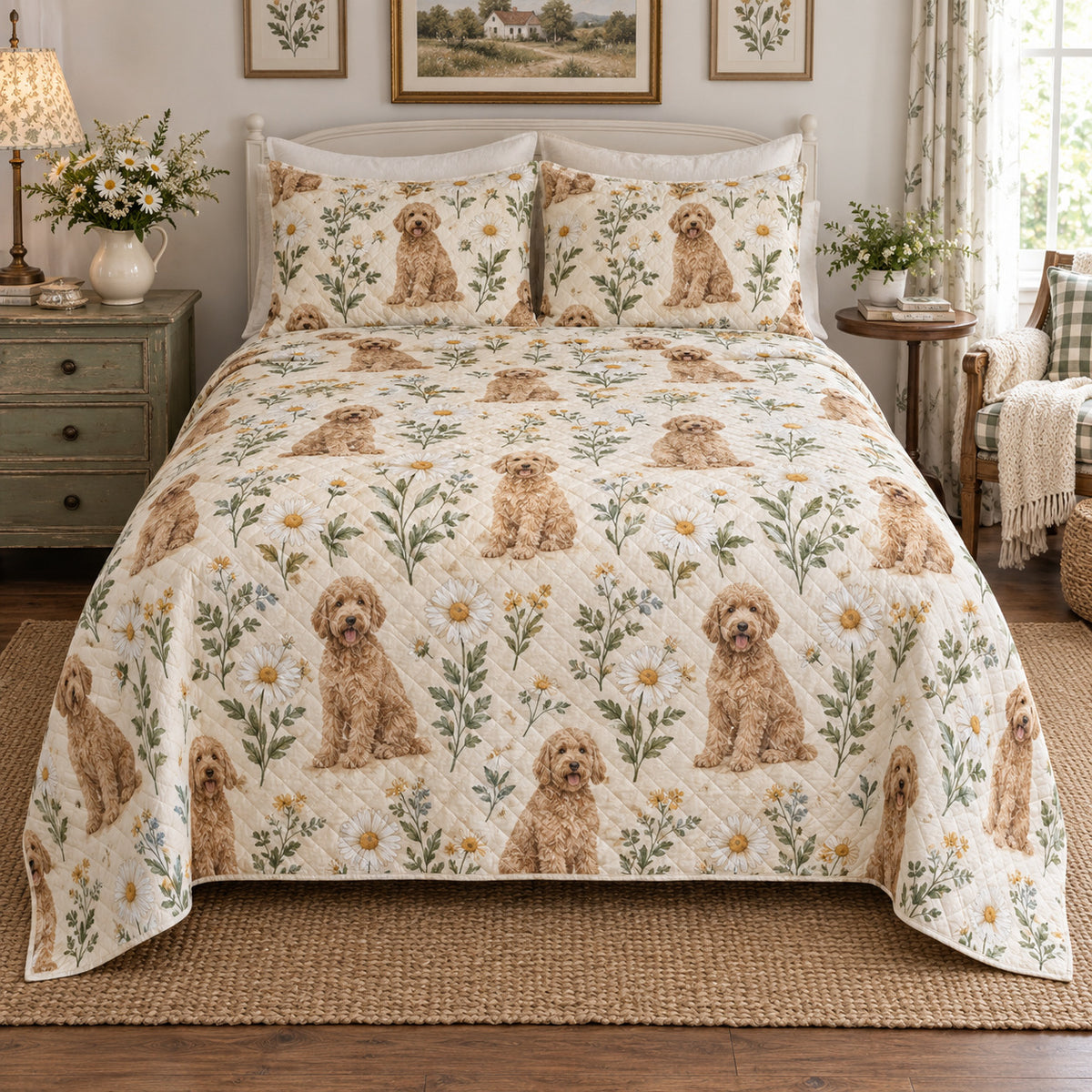 Ivory Daisy Repeat Goldendoodle Cottage Floral Quilt Set