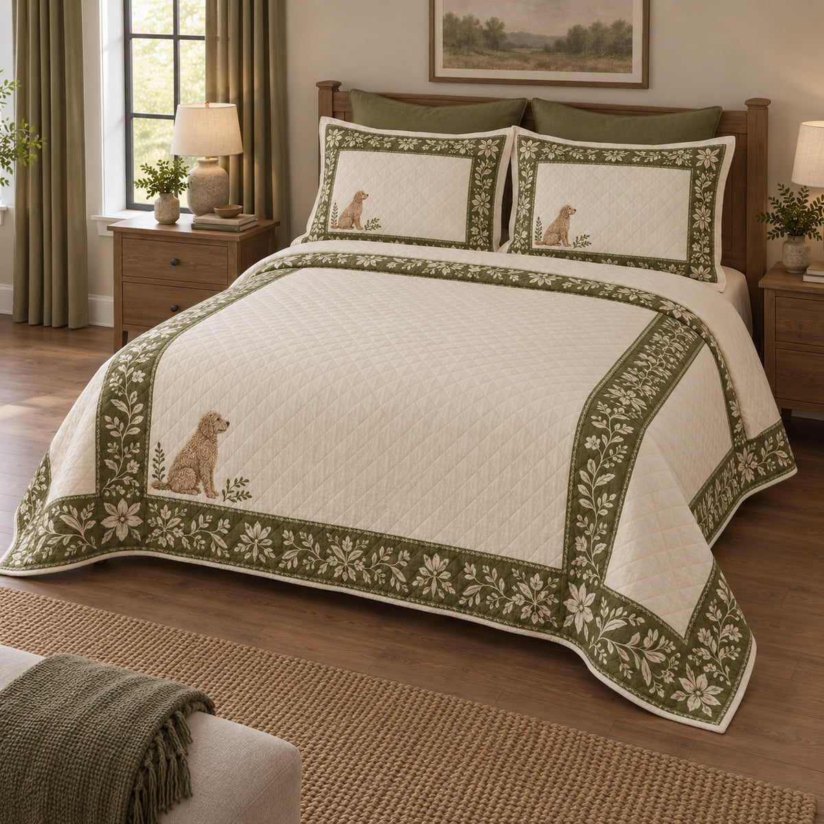 A wide olive botanical border surrounds an open cream center, with a small goldendoodle near the lower left on a quilt set with two matching shams, angled view.