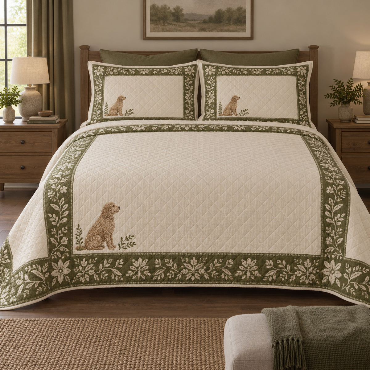 Olive Border Goldendoodle Quilt Set