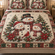 Close view of the Christmas Snowman Family quilt artwork and two matching shams