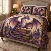 Purple Dragon Reading Books Quilt Set: angled bedroom view showing the quilt artwork and coordinating shams