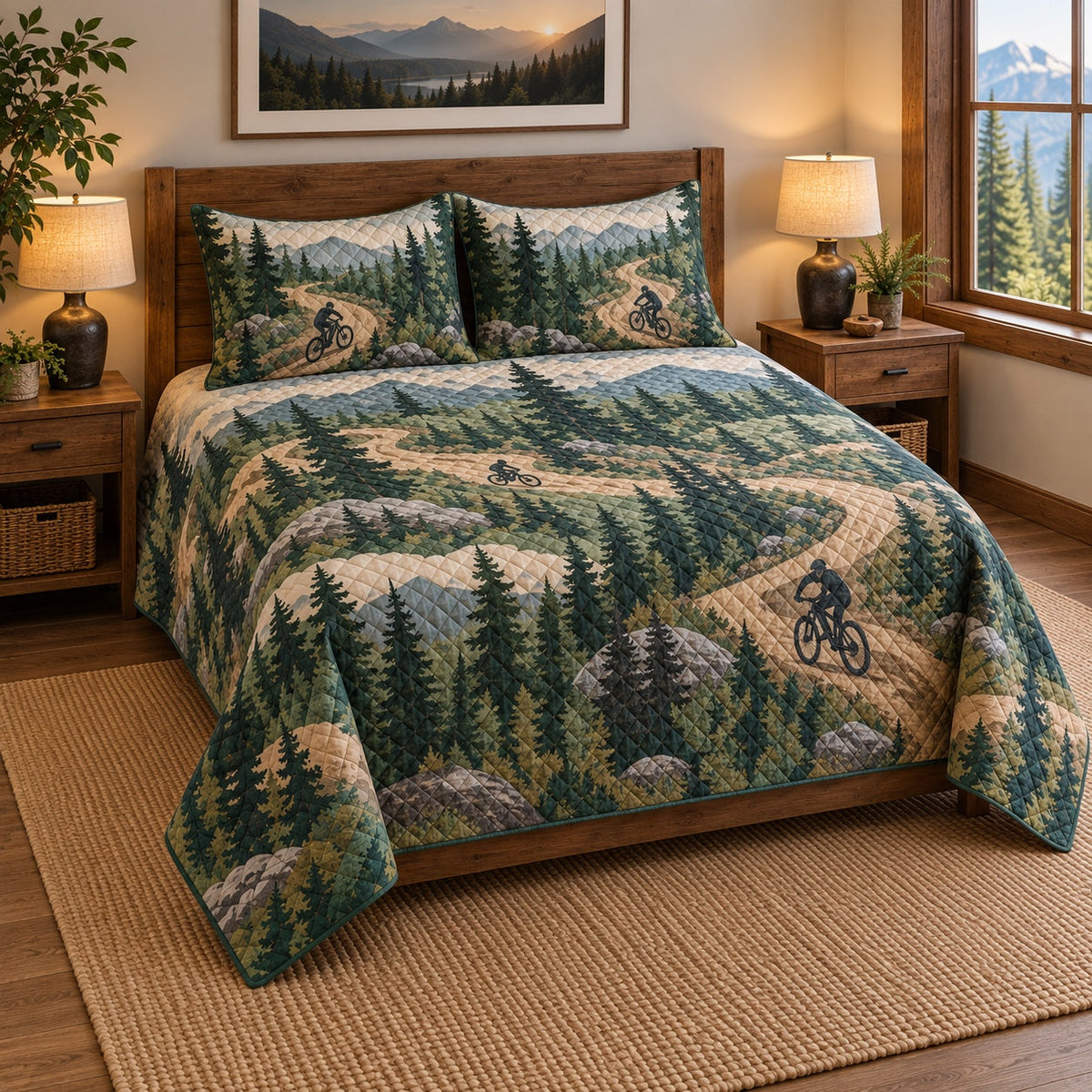 Forest Flow Mountain Biking Quilt Set, angled mountain biking bedroom view