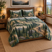 Forest Flow Mountain Biking Quilt Set, angled mountain biking bedroom view