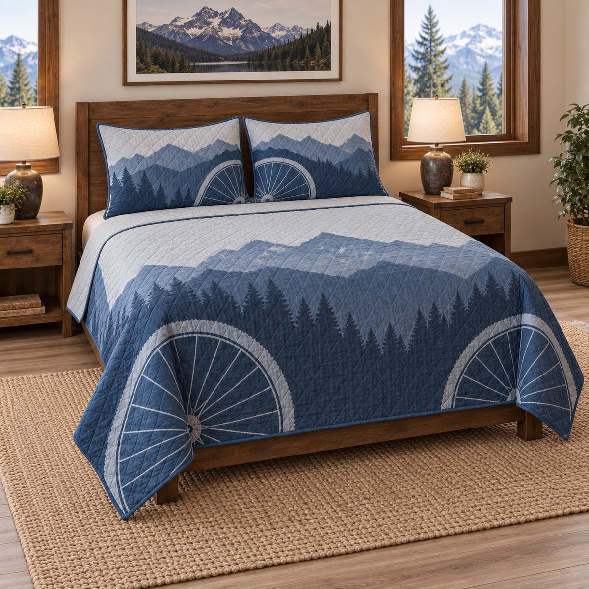 Alpine Wheel Mountain Biking Quilt Set, angled mountain biking bedroom view