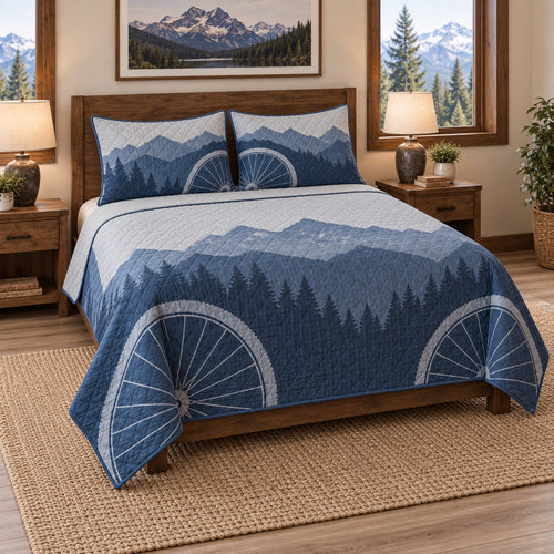 Alpine Wheel Mountain Biking Quilt Set, angled mountain biking bedroom view