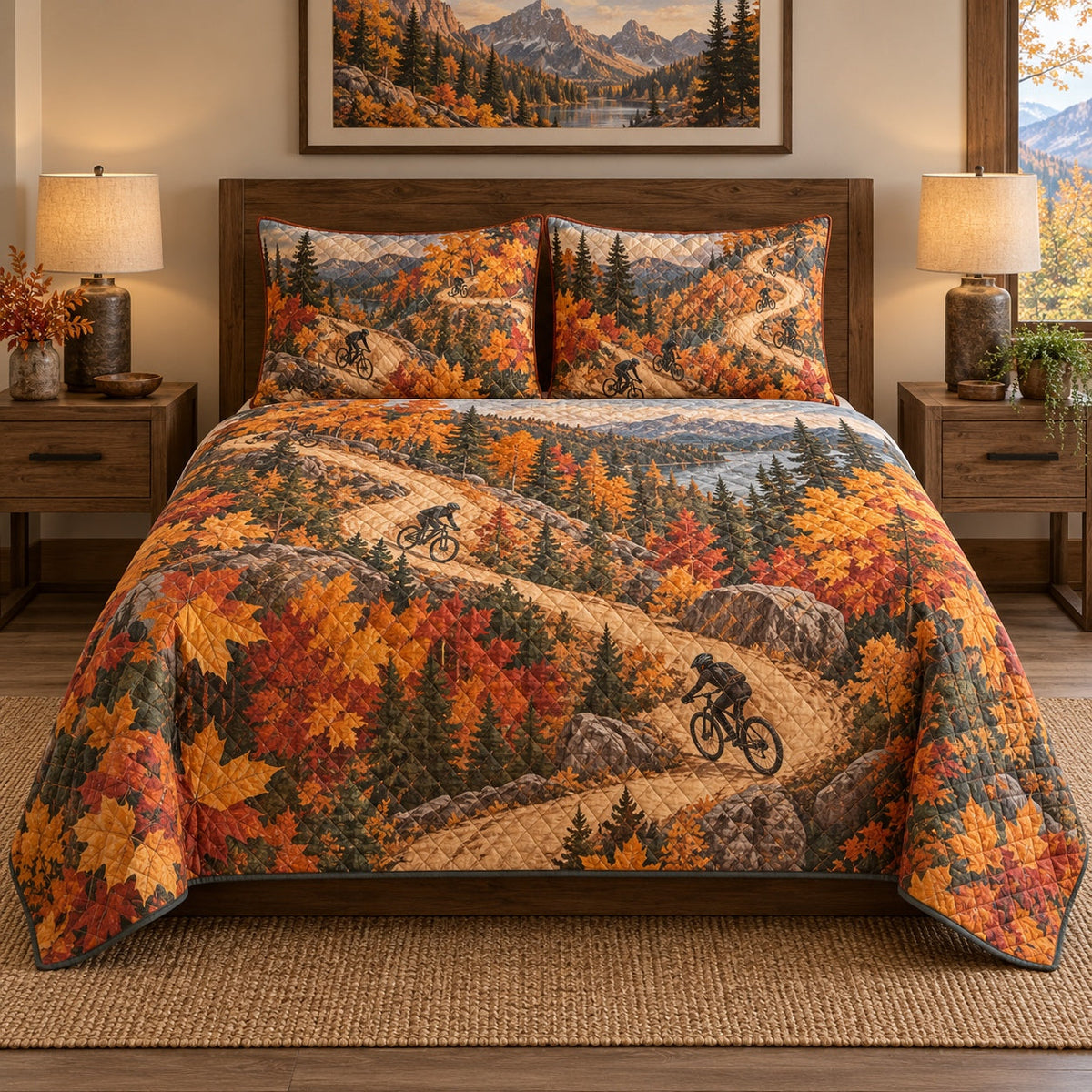 Autumn Switchback Mountain Biking Quilt Set, front mountain biking bedroom view