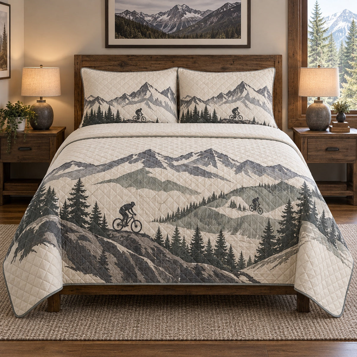 Summit Lines Mountain Biking Quilt Set, front mountain biking bedroom view