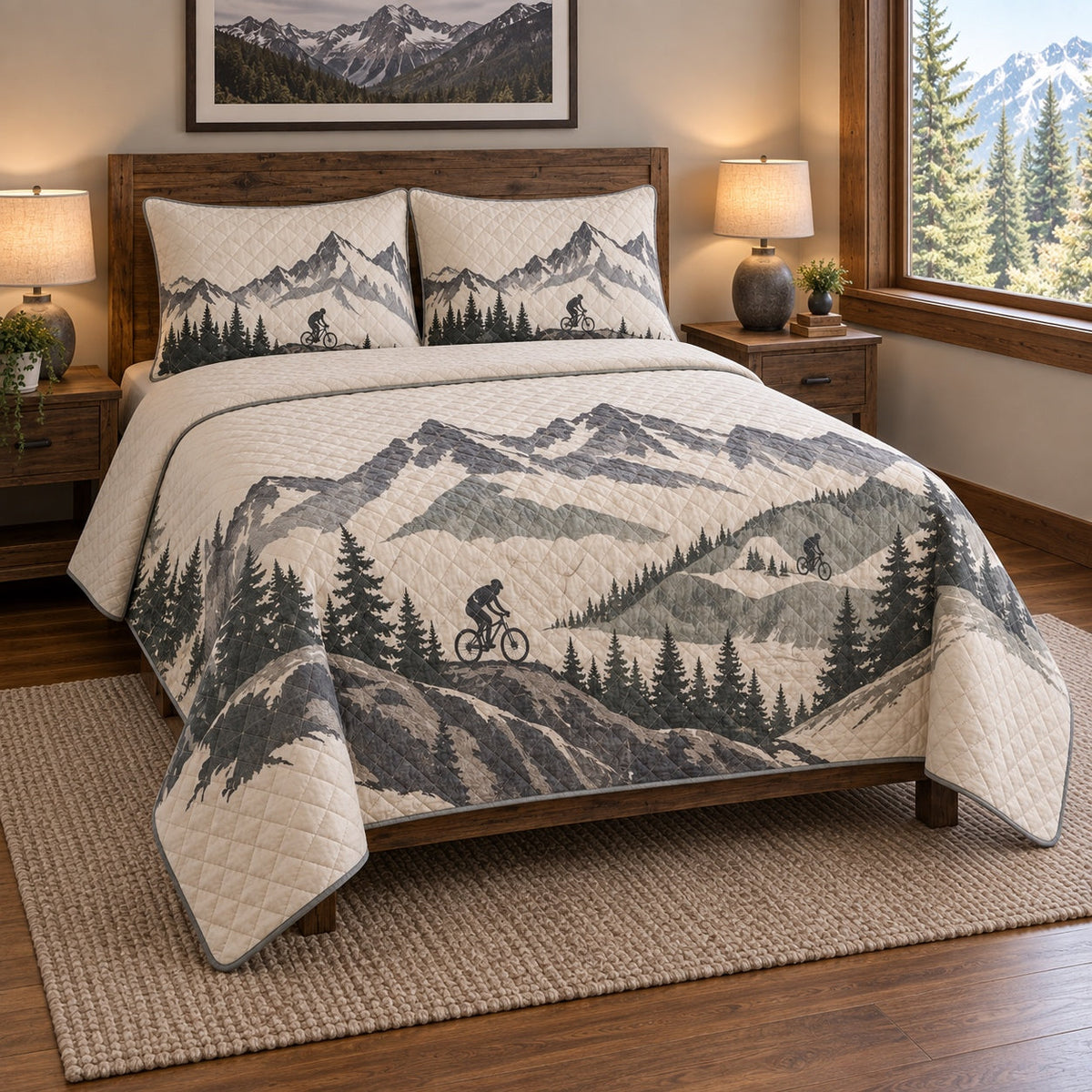Summit Lines Mountain Biking Quilt Set, angled mountain biking bedroom view