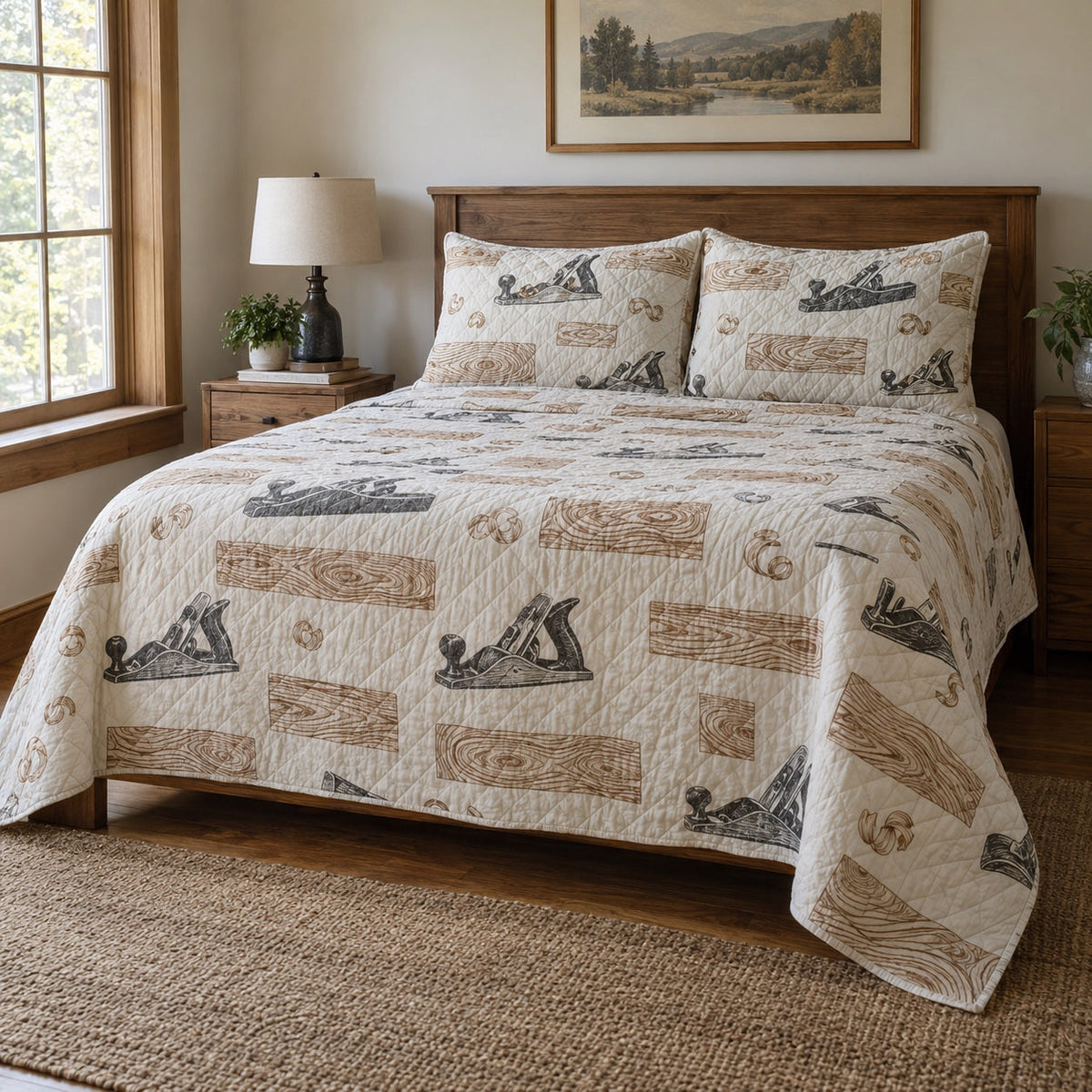Oak Workshop Woodworking Hobby Quilt Set, front woodworking hobby bedroom view