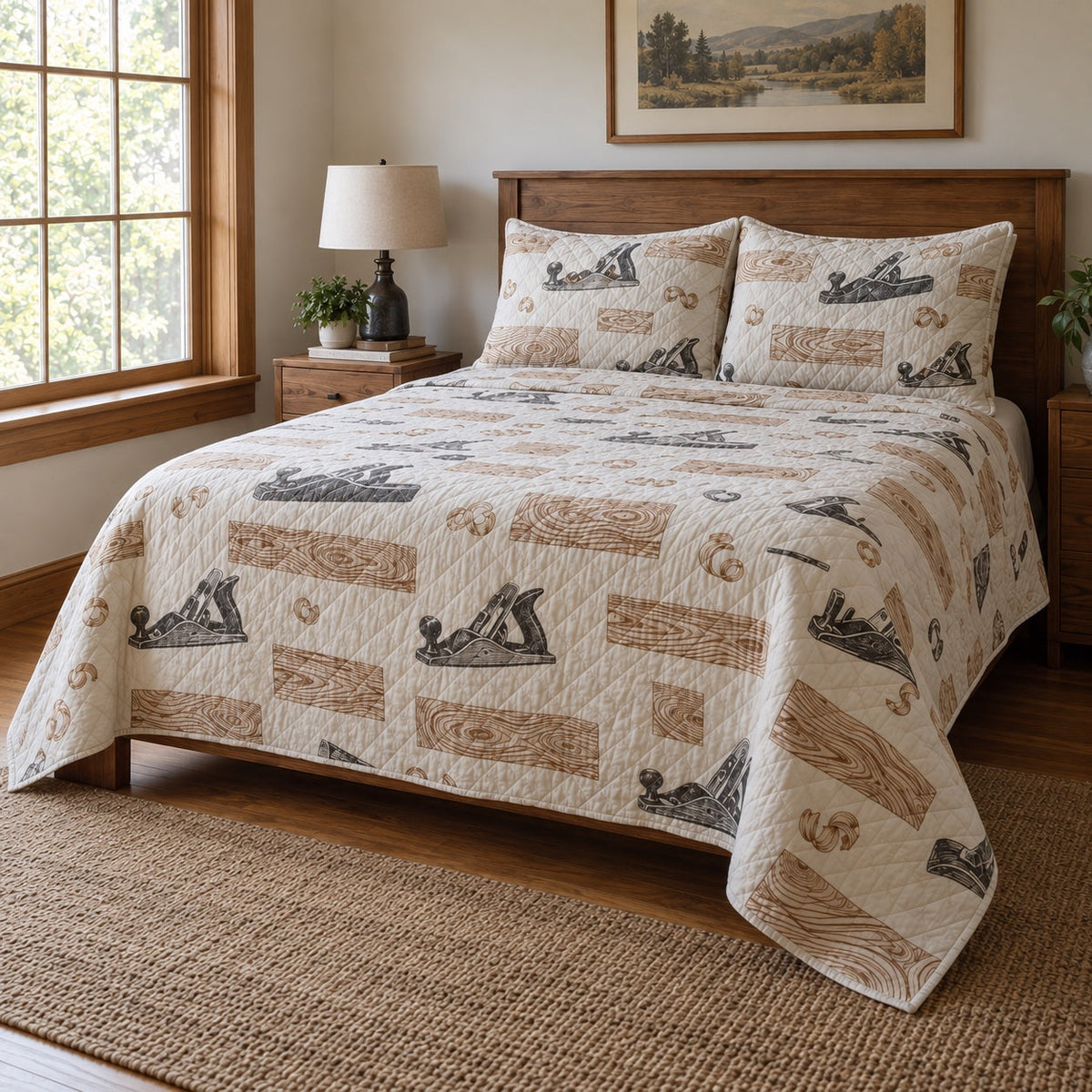 Oak Workshop Woodworking Hobby Quilt Set, angled woodworking hobby bedroom view