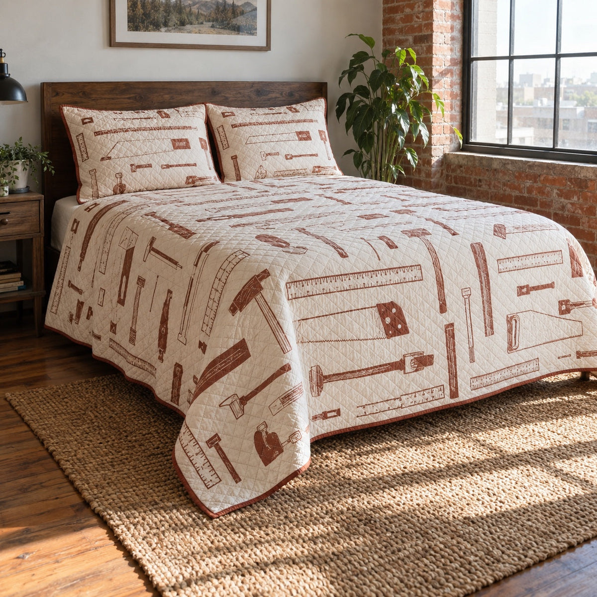 Carpenter Sketch Woodworking Hobby Quilt Set, front woodworking hobby bedroom view