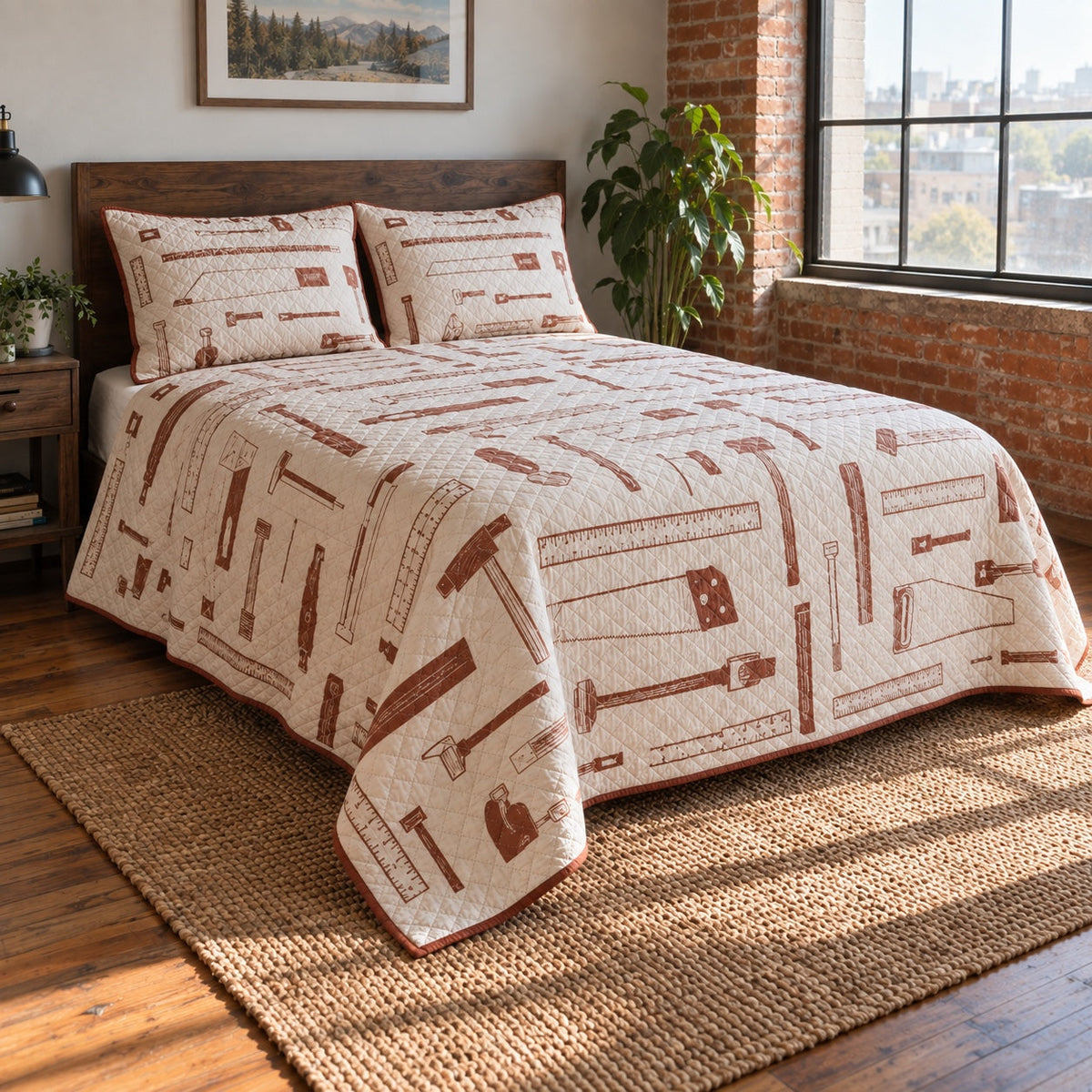 Carpenter Sketch Woodworking Hobby Quilt Set, angled woodworking hobby bedroom view