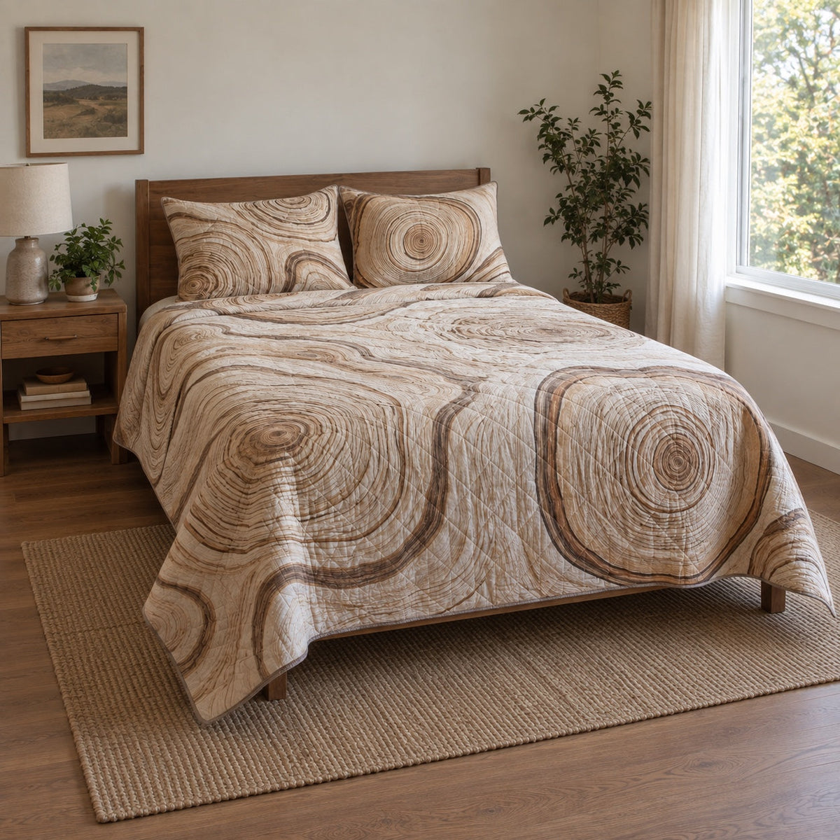Wood Rings Woodworking Hobby Quilt Set, angled woodworking hobby bedroom view