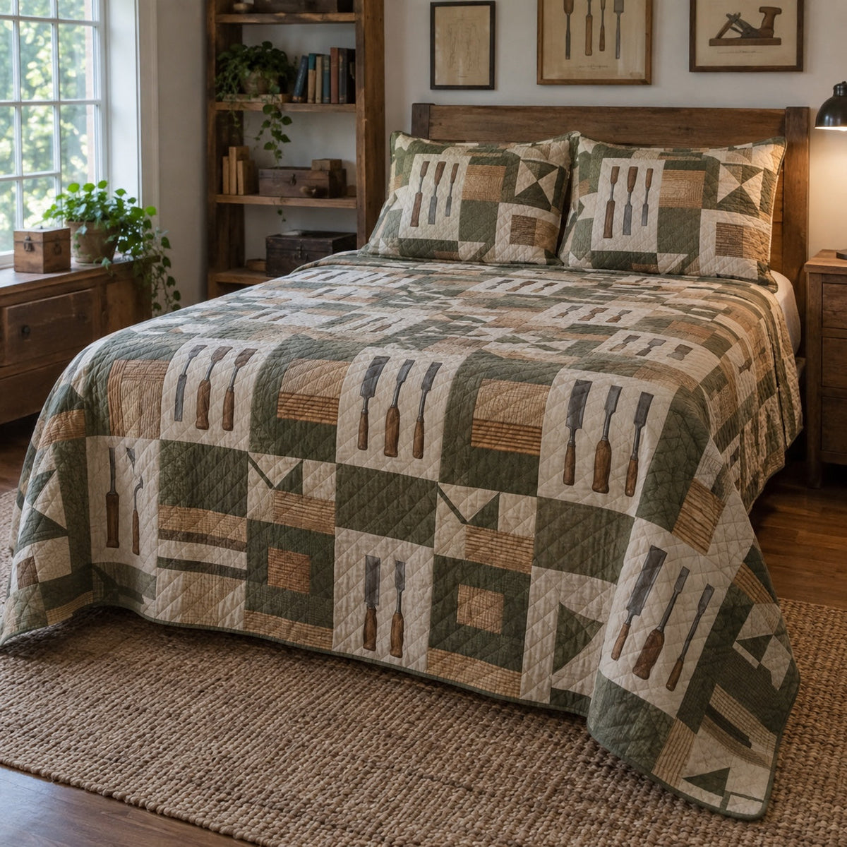 Bench Notes Woodworking Hobby Quilt Set, front woodworking hobby bedroom view