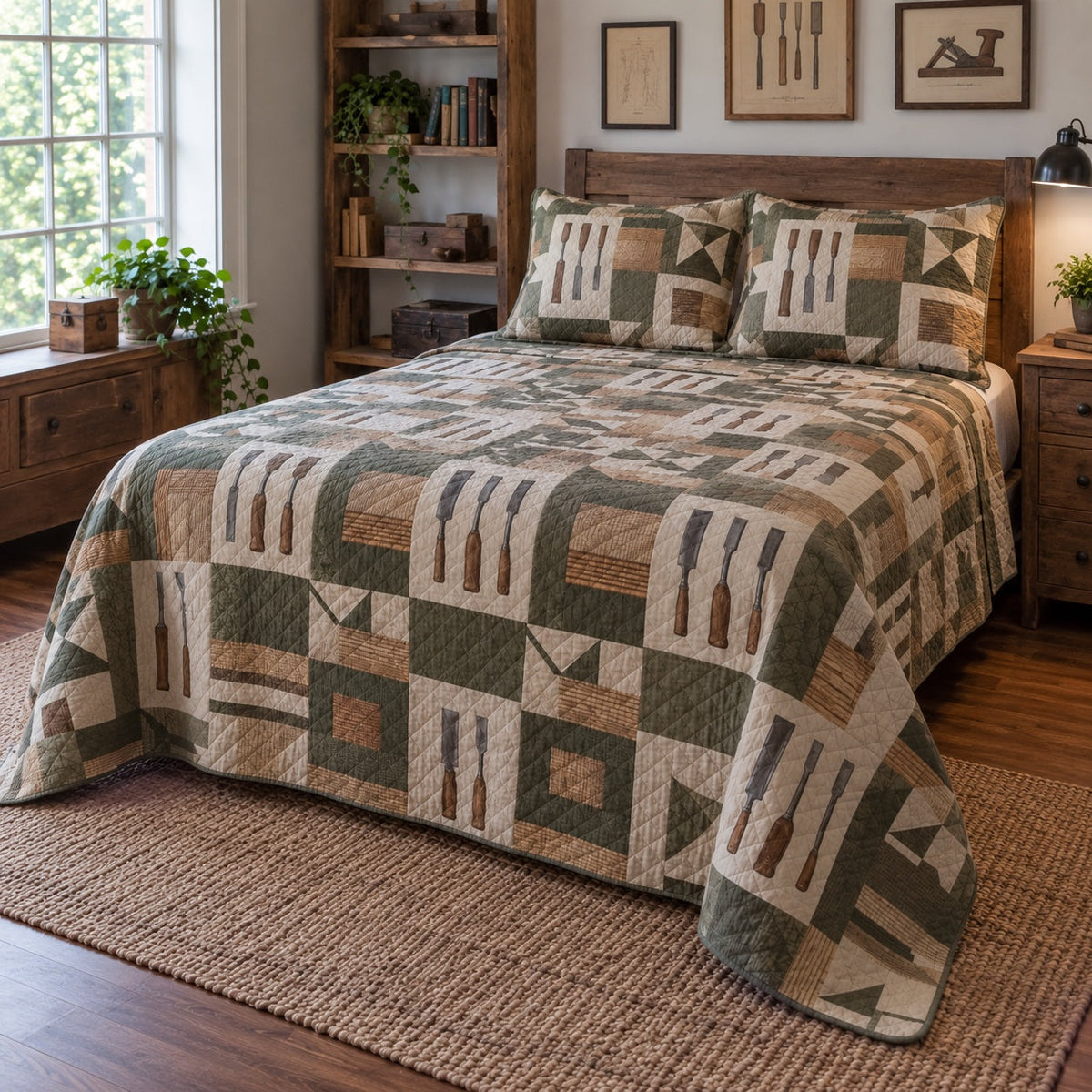 Bench Notes Woodworking Hobby Quilt Set, angled woodworking hobby bedroom view