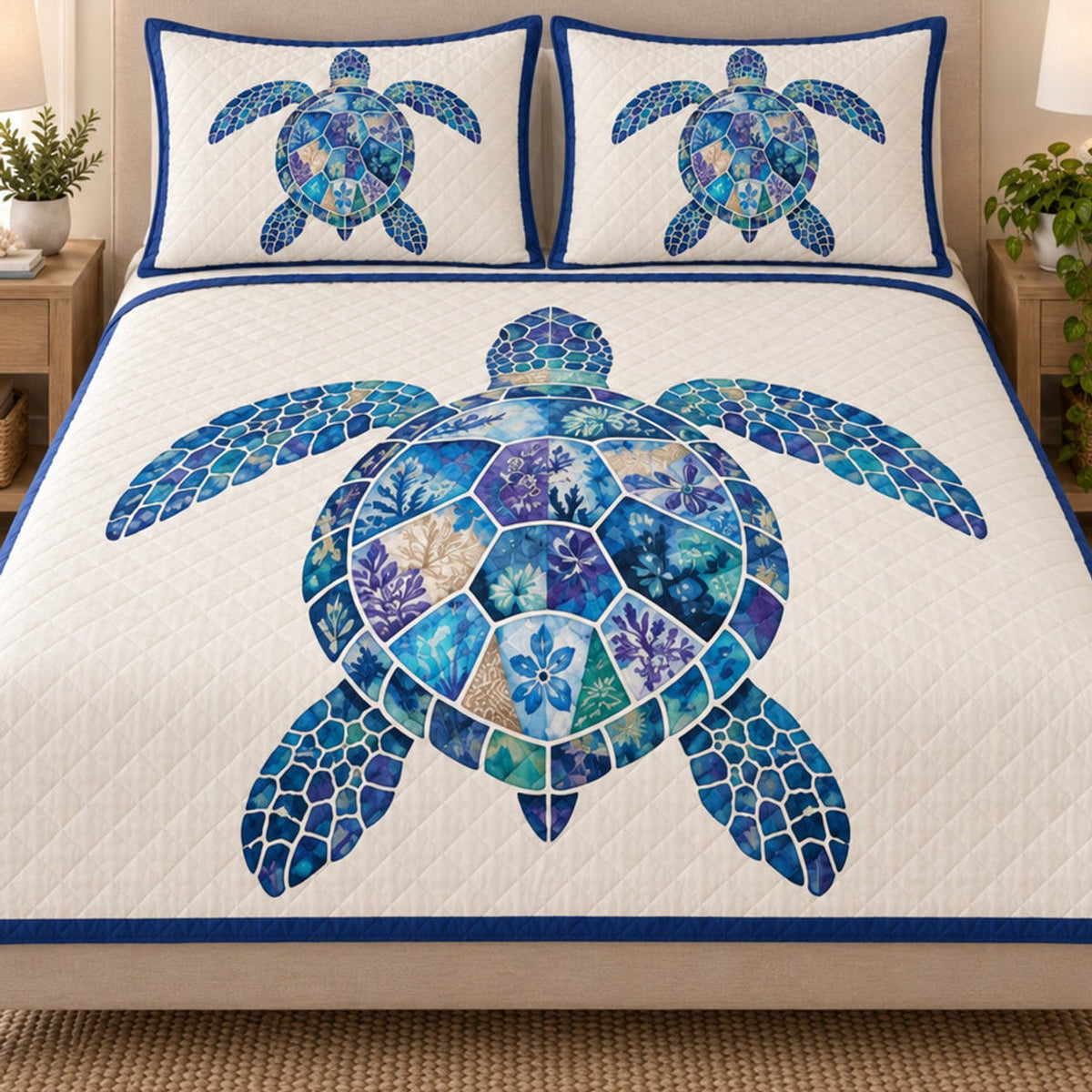 Close view of the Blue Sea Turtle Coastal quilt artwork and two matching shams
