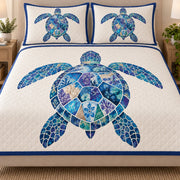 Close view of the Blue Sea Turtle Coastal quilt artwork and two matching shams