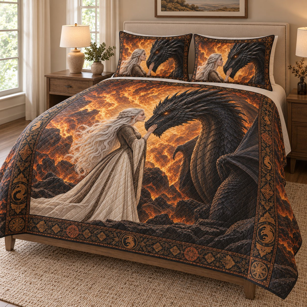 Fantasy Dragon Queen Fire Quilt Set: angled bedroom view showing the quilt artwork and coordinating shams