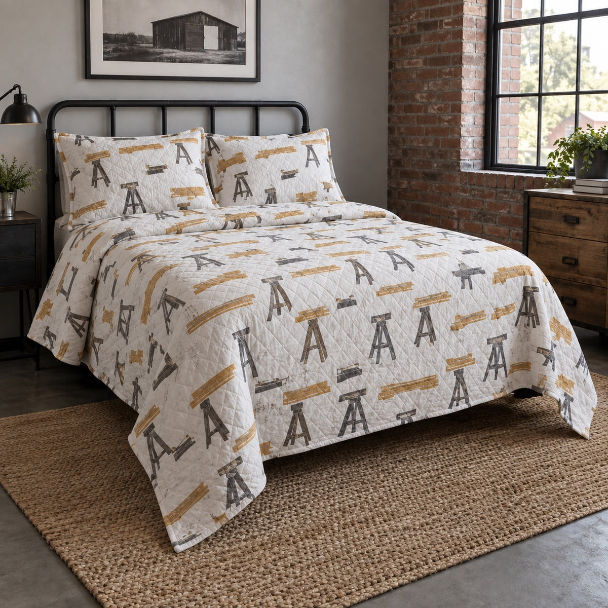Sawhorse Lines Woodworking Hobby Quilt Set, angled woodworking hobby bedroom view
