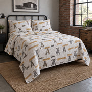 Sawhorse Lines Woodworking Hobby Quilt Set, angled woodworking hobby bedroom view