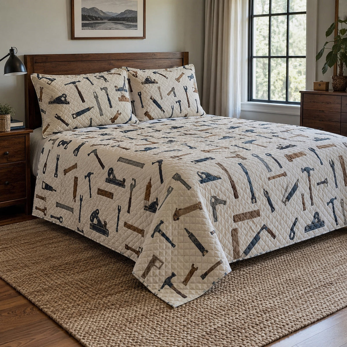 Tool Cabinet Woodworking Hobby Quilt Set, front woodworking hobby bedroom view