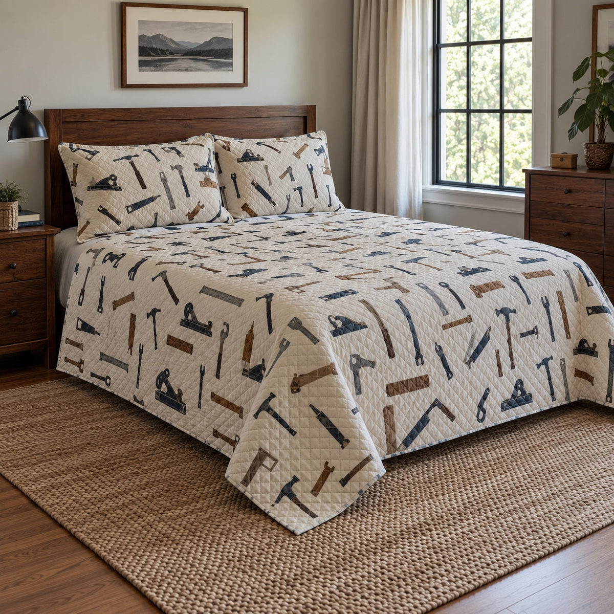 Tool Cabinet Woodworking Hobby Quilt Set, angled woodworking hobby bedroom view